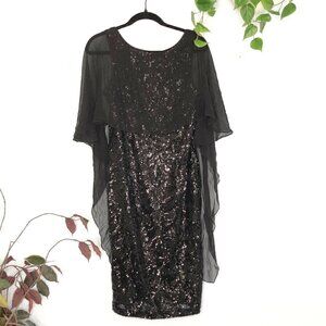 Rickie Freeman Teri Jon Black Sequin Silk Chiffon Capelet Overlay Dress 10